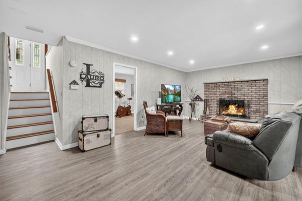 Fireplace, Interior, Living room, Recessed Lighting, Wood Texture Flooring