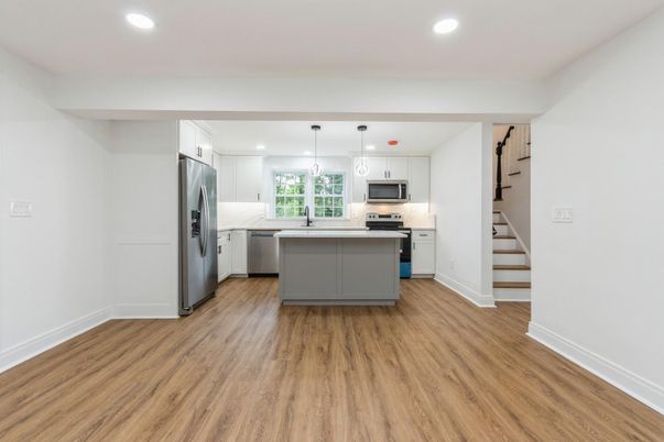 Interior, Kitchen, Pendant Lights, Recessed Lighting, Stainless Steel Appliances, Wood Texture Flooring