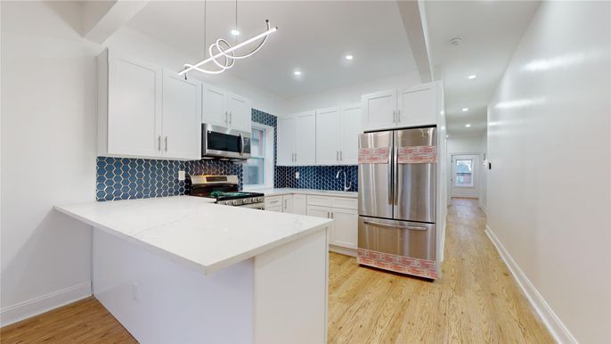 Interior, Kitchen, Pendant Lights, Recessed Lighting, Stainless Steel Appliances, Wood Texture Flooring