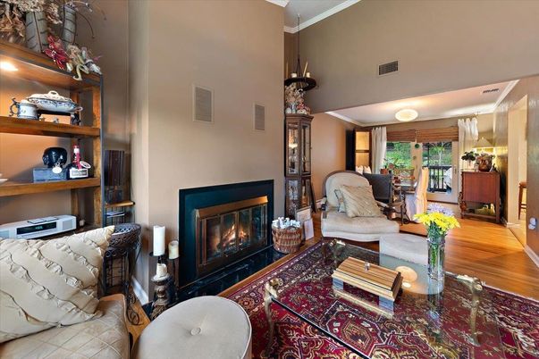 Dining room, Fireplace, Interior, Living room, Pendant Lights, Wood Texture Flooring
