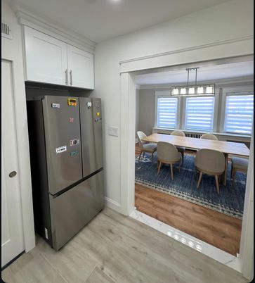 Dining room, Interior, Pendant Lights, Wood Texture Flooring