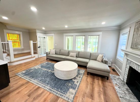 Fireplace, Interior, Living room, Recessed Lighting, Wood Texture Flooring