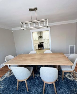 Dining room, Interior, Kitchen, Pendant Lights, Wood Texture Flooring