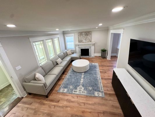 Fireplace, Interior, Living room, Recessed Lighting, Wood Texture Flooring