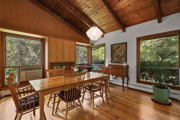 Dining room, Interior, Pendant Lights, Wooden Beams, Wooden Ceilings, Wood Texture Flooring