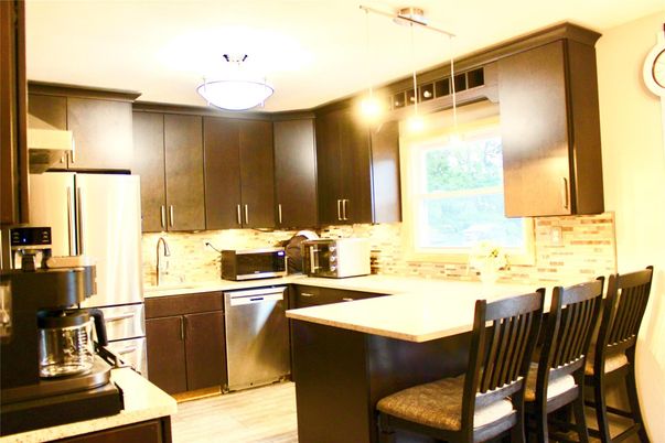 Interior, Kitchen, Pendant Lights, Stainless Steel Appliances, Wood Texture Flooring