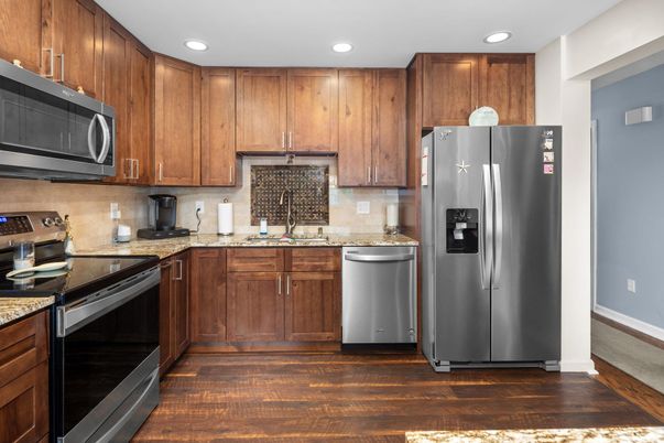 Interior, Kitchen, Recessed Lighting, Stainless Steel Appliances, Wood Texture Flooring