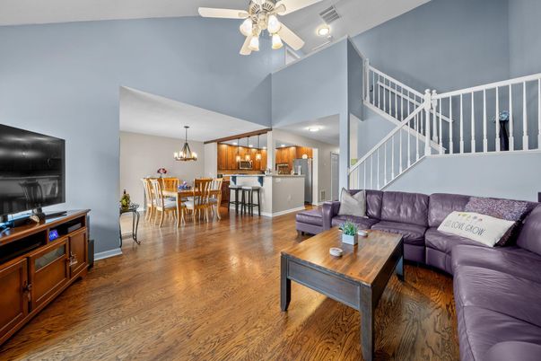 Chandelier, Dining room, Interior, Kitchen, Living room, Pendant Lights, Recessed Lighting, Wood Texture Flooring
