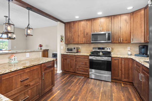 Interior, Kitchen, Pendant Lights, Recessed Lighting, Stainless Steel Appliances, Wood Texture Flooring