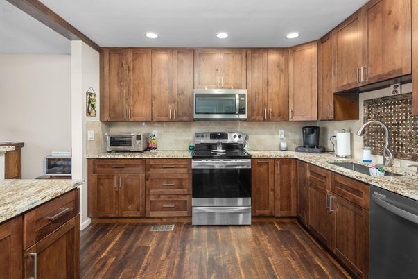Interior, Kitchen, Recessed Lighting, Stainless Steel Appliances, Wood Texture Flooring