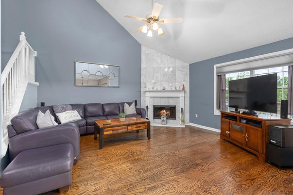 Fireplace, Interior, Living room, Marble Walls, Wood Texture Flooring