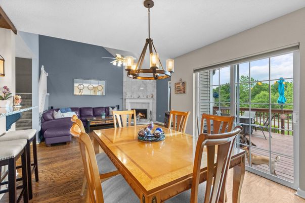Chandelier, Dining room, Fireplace, Interior, Living room, Pendant Lights, Wood Texture Flooring
