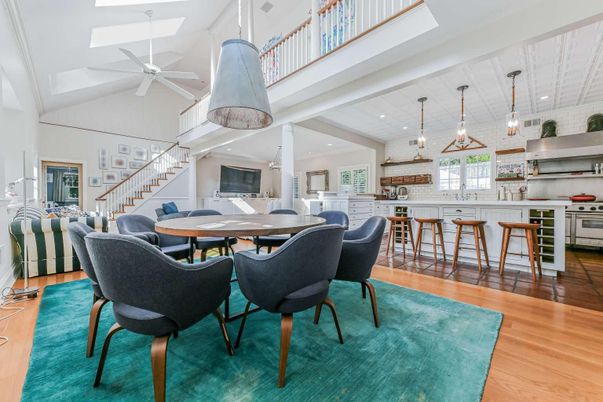 Dining room, Interior, Kitchen, Pendant Lights, Recessed Lighting, Stainless Steel Appliances, Wood Texture Flooring