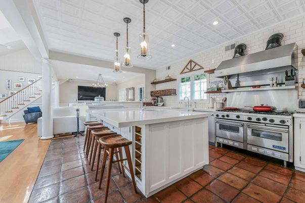 Interior, Kitchen, Pendant Lights, Recessed Lighting, Stainless Steel Appliances, Stone Walls