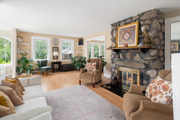 Fireplace, Interior, Living room, Stone Walls, Wood Texture Flooring