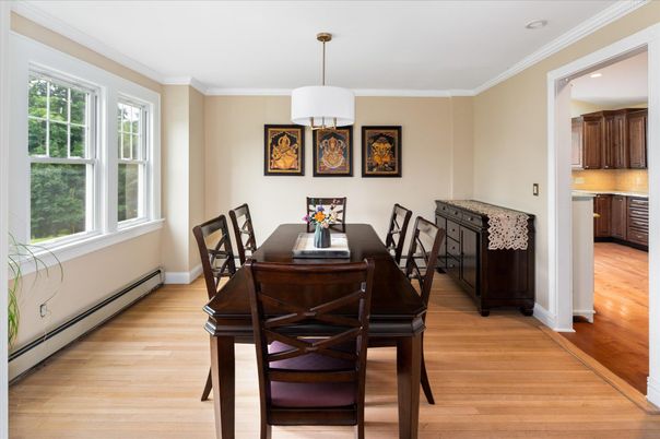 Dining room, Interior, Pendant Lights, Recessed Lighting, Wood Texture Flooring