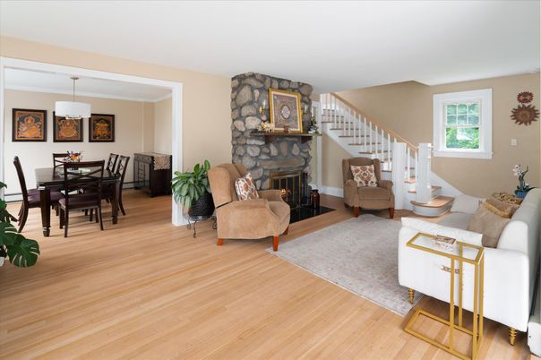 Dining room, Fireplace, Interior, Living room, Pendant Lights, Stone Walls, Wood Texture Flooring