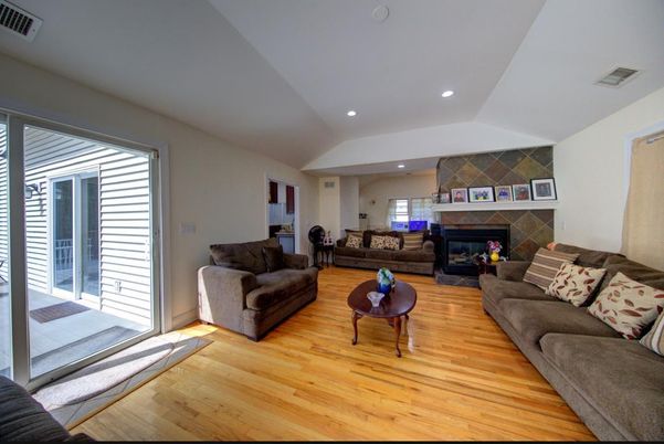 Fireplace, Interior, Living room, Recessed Lighting, Wood Texture Flooring