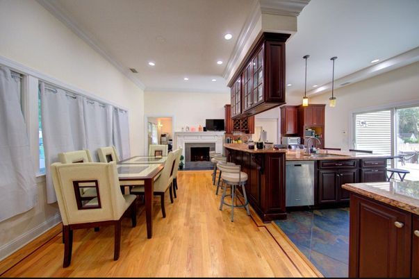 Dining room, Fireplace, Interior, Kitchen, Pendant Lights, Recessed Lighting, Wood Texture Flooring