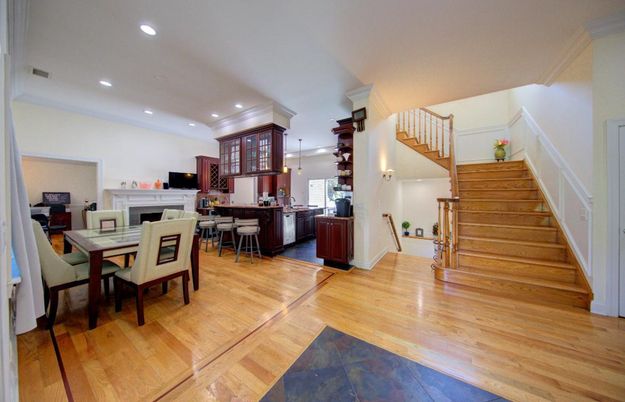 Dining room, Fireplace, Interior, Kitchen, Pendant Lights, Recessed Lighting, Wood Texture Flooring