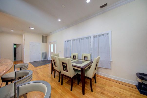 Dining room, Interior, Recessed Lighting, Wood Texture Flooring
