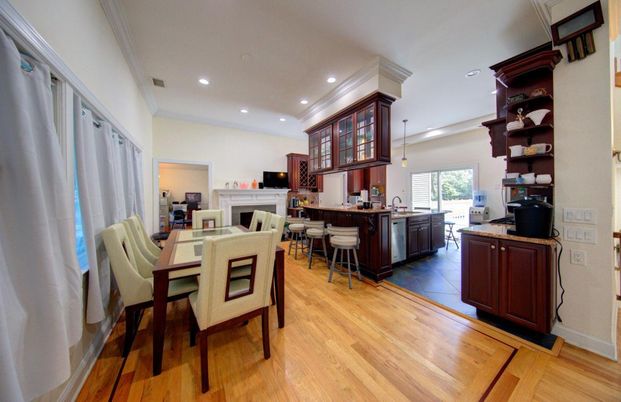 Dining room, Fireplace, Interior, Kitchen, Pendant Lights, Recessed Lighting, Wood Texture Flooring