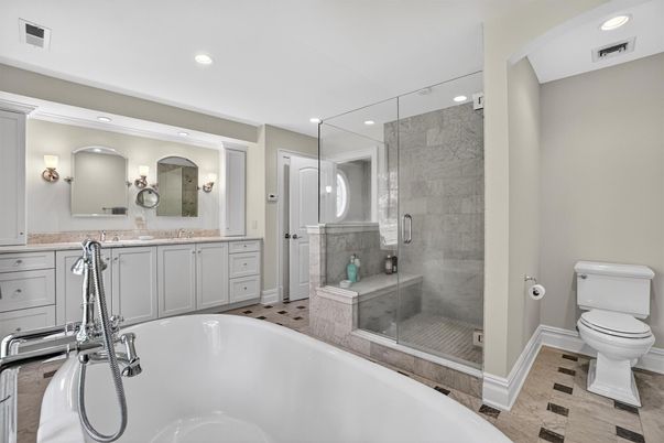 Bathroom, Dual Sink Vanities, Glass Shower, Interior, Recessed Lighting