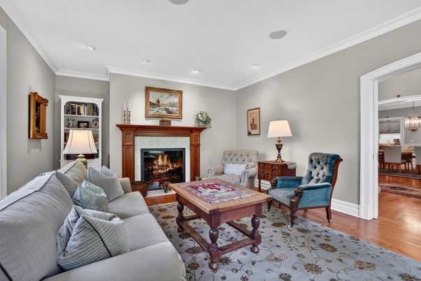 Dining room, Fireplace, Interior, Living room, Recessed Lighting, Wood Texture Flooring