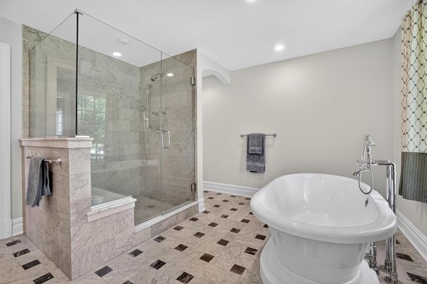 Bathroom, Glass Shower, Interior, Marble Walls, Recessed Lighting