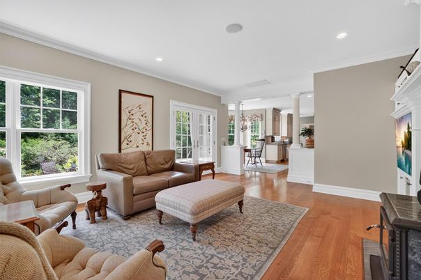 Fireplace, Interior, Living room, Recessed Lighting, Wood Texture Flooring