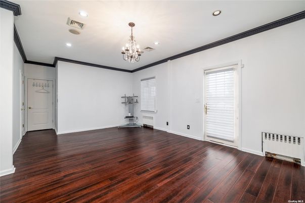 Chandelier, Empty room, Interior, Recessed Lighting, Wood Texture Flooring