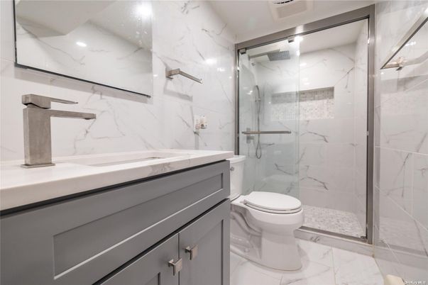 Bathroom, Glass Shower, Interior, Marble, Marble Walls, Recessed Lighting