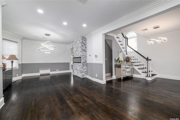 Empty room, Fireplace, Interior, Pendant Lights, Recessed Lighting, Wood Texture Flooring