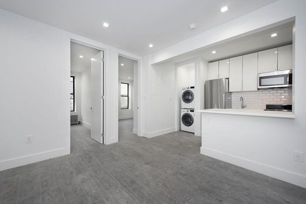 Interior, Kitchen, Recessed Lighting, Stainless Steel Appliances, Washer, Wood Texture Flooring