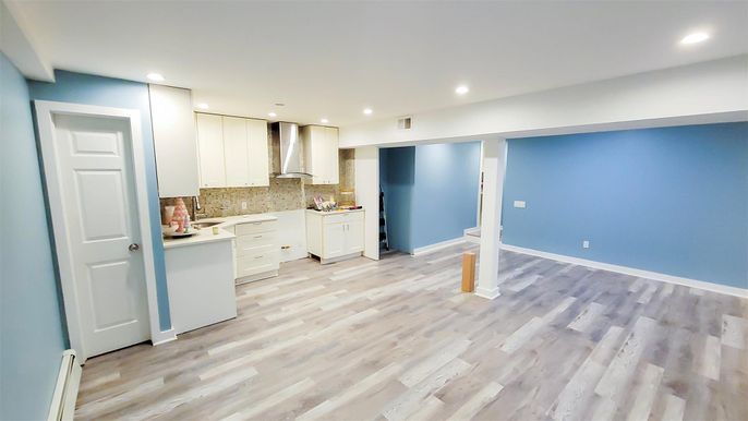 Empty room, Interior, Kitchen, Recessed Lighting, Wood Texture Flooring