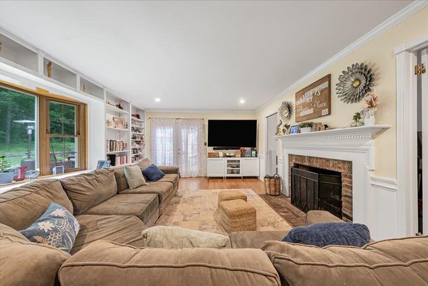 Fireplace, Interior, Living room, Recessed Lighting, Wood Texture Flooring