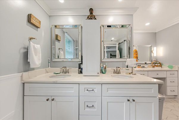 Bathroom, Dual Sink Vanities, Interior, Marble, Recessed Lighting