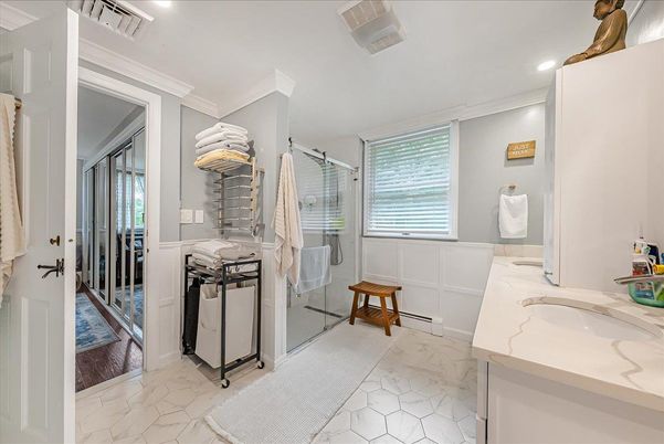 Bathroom, Dual Sink Vanities, Glass Shower, Interior, Marble, Recessed Lighting