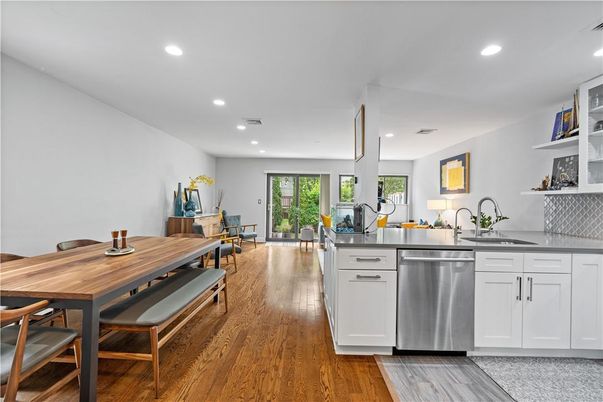 Dining room, Interior, Kitchen, Recessed Lighting, Wood Texture Flooring
