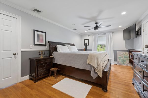 Bedroom, Interior, Recessed Lighting, Wood Texture Flooring