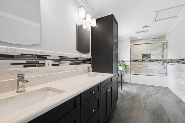 Bathroom, Dual Sink Vanities, Glass Shower, Interior, Recessed Lighting