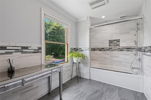 Bathroom, Glass Shower, Interior, Recessed Lighting, Wood Texture Flooring