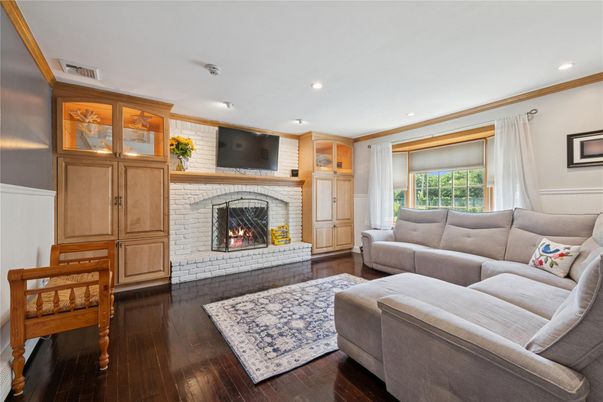 Fireplace, Interior, Living room, Recessed Lighting, Wood Texture Flooring