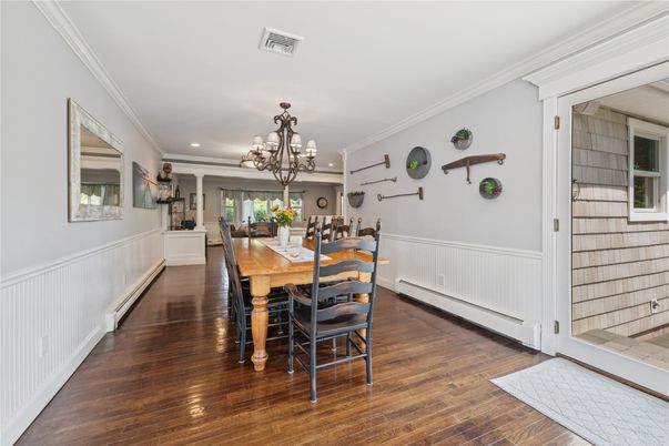 Chandelier, Dining room, Interior, Recessed Lighting, Wood Texture Flooring