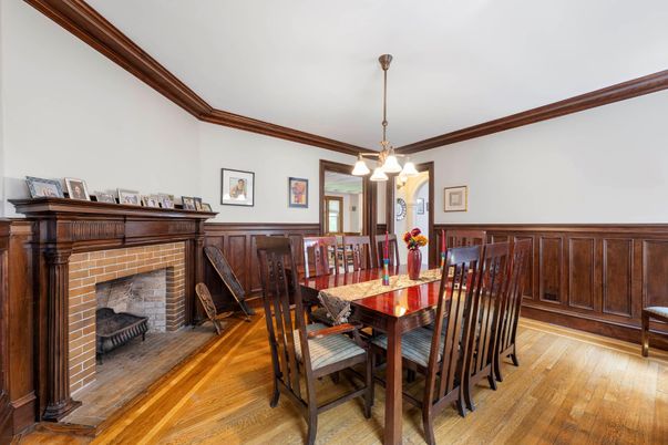 Dining room, Fireplace, Interior, Pendant Lights, Wood Texture Flooring