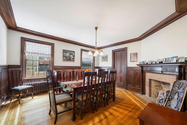 Dining room, Fireplace, Interior, Pendant Lights, Wood Texture Flooring