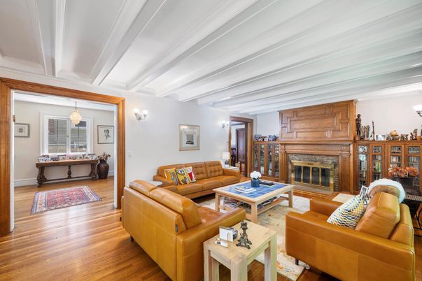Fireplace, Interior, Living room, Pendant Lights, Wood Texture Flooring