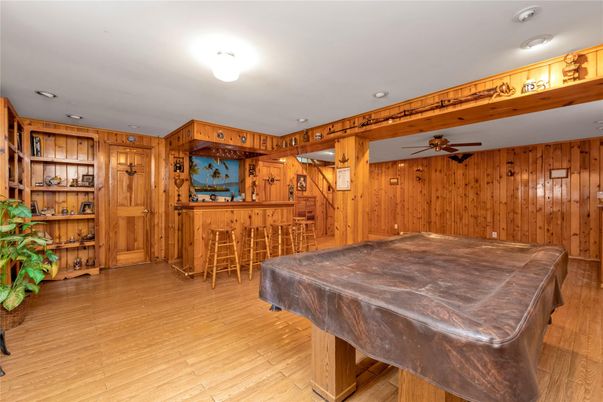 Billiard Table, Game Room, Interior, Recessed Lighting, Wood Texture Flooring, Wooden Walls