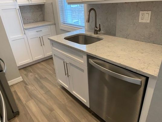 Interior, Kitchen, Marble Walls, Stainless Steel Appliances, Wood Texture Flooring