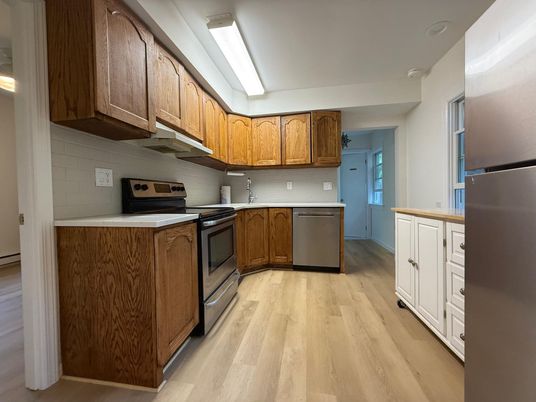 Interior, Kitchen, Stainless Steel Appliances, Wood Texture Flooring